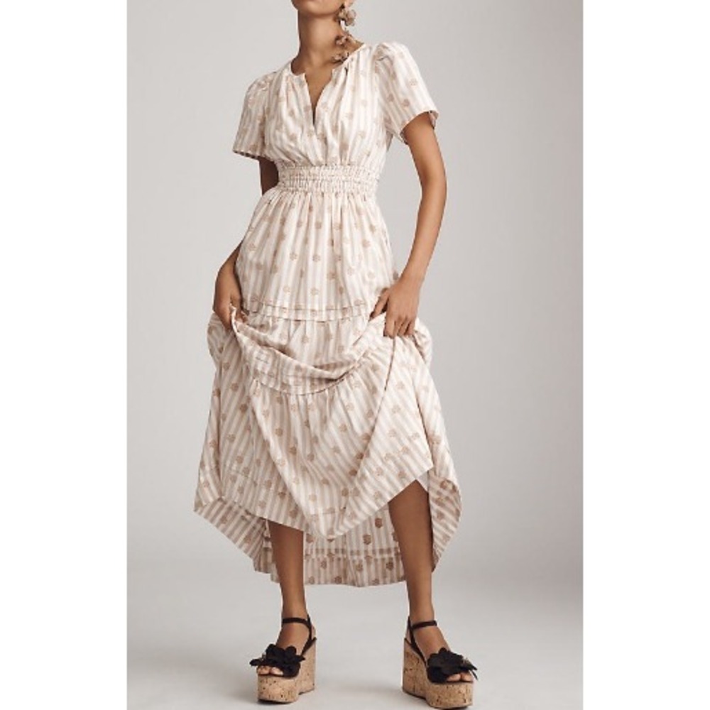 Anthropologie Somerset Dress Tan White Striped Floral Embroidered Tiered Dress M